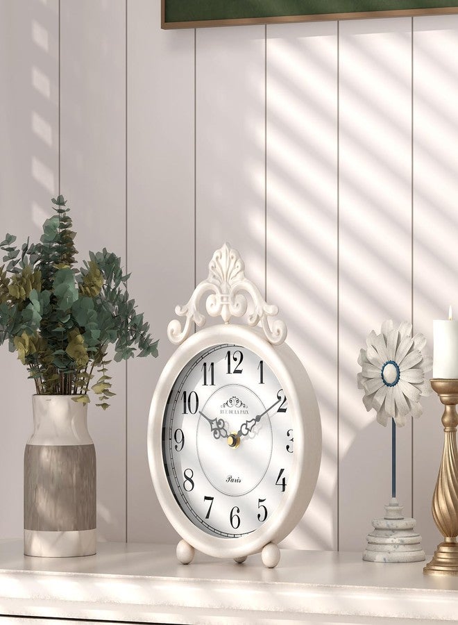 ChimeTide Vintage White Table Clock, Desk and Shelf Mantel Clock, French Rustic Antique Style Decor Clocks, for Farmhouse, Bedroom, Living Room, Bedside, Gift (9" H x 6.3" W) - Image 3